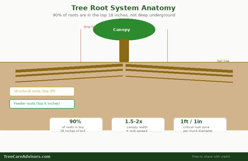 Roots Don't Mirror the Canopy - TreeCareAdvisors diagram